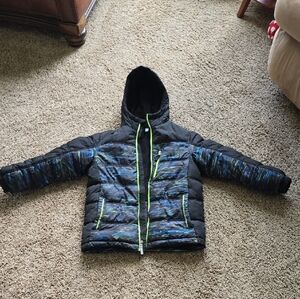 ZeroXposur Black and Blue Kids Puffer Jacket with Green Accents